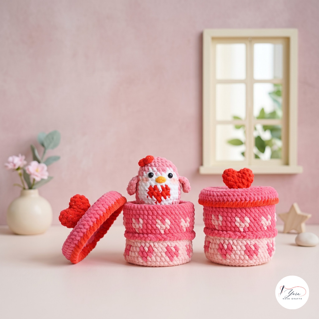 Penguin Gift Box Crochet Pattern PDF, Valentine Heart Amigurumi Storage Box