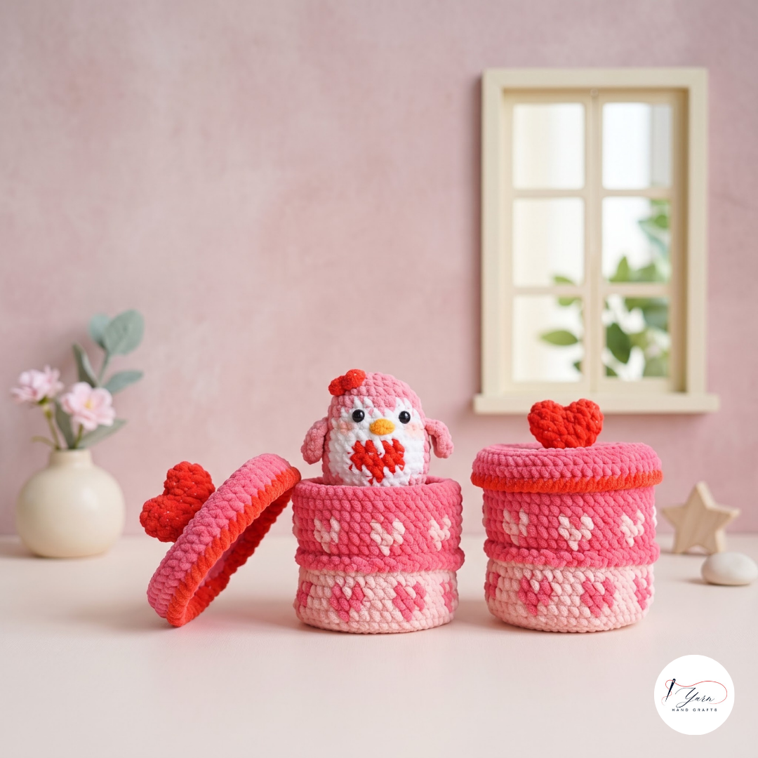 Penguin Gift Box Crochet Pattern PDF, Valentine Heart Amigurumi Storage Box