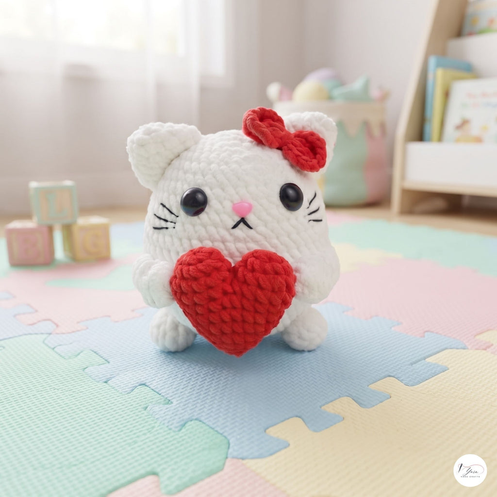 A white crocheted cat toy holding a red heart, styled on pastel interlocking foam play mats in a bright children's room.