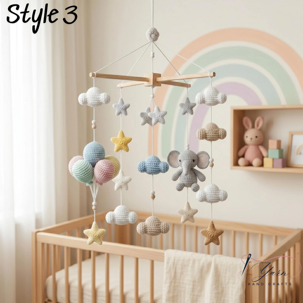 Handmade Elephant Baby Mobile, Crochet Hot Air Balloon Crib Mobile, Neutral Nursery Decor, Cloud & Star Baby Mobile, Baby Shower Gift