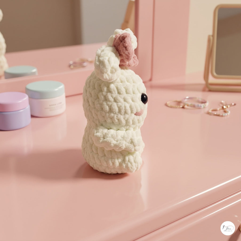 Crochet Bunny Plush with Pink Bow, Handmade White Amigurumi Rabbit, Soft Chenille Stuffed Animal, Easter Gift, Nursery Decor