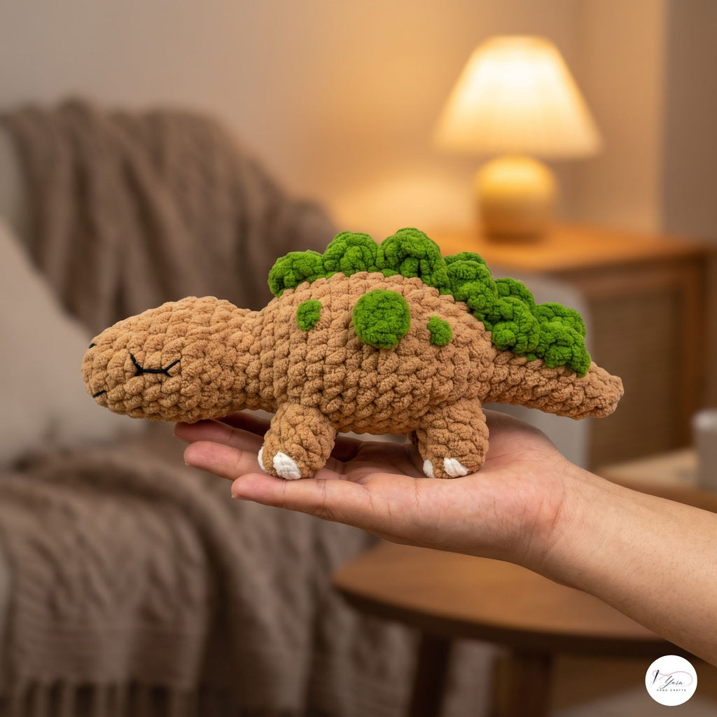 Handmade Crochet Stegosaurus Plush, Brown Green Amigurumi Dinosaur, Soft Dino Stuffed Animal, Dinosaur Lover Gift, Nursery Decor
