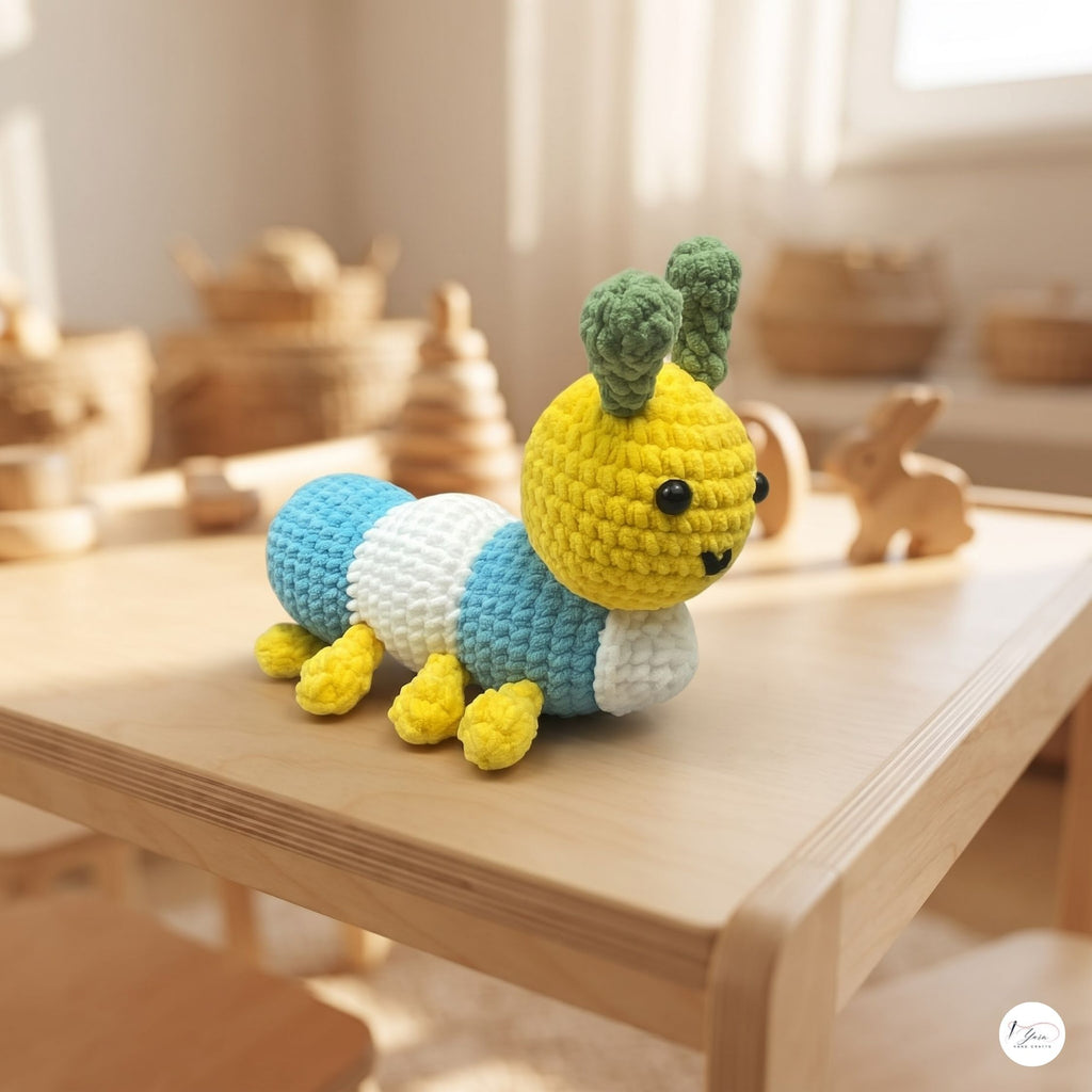 Crochet Bee Plush, Handmade Blue Yellow Amigurumi Bumblebee, Soft Stuffed Insect Toy, Bee Lover Gift, Garden Nursery Decor