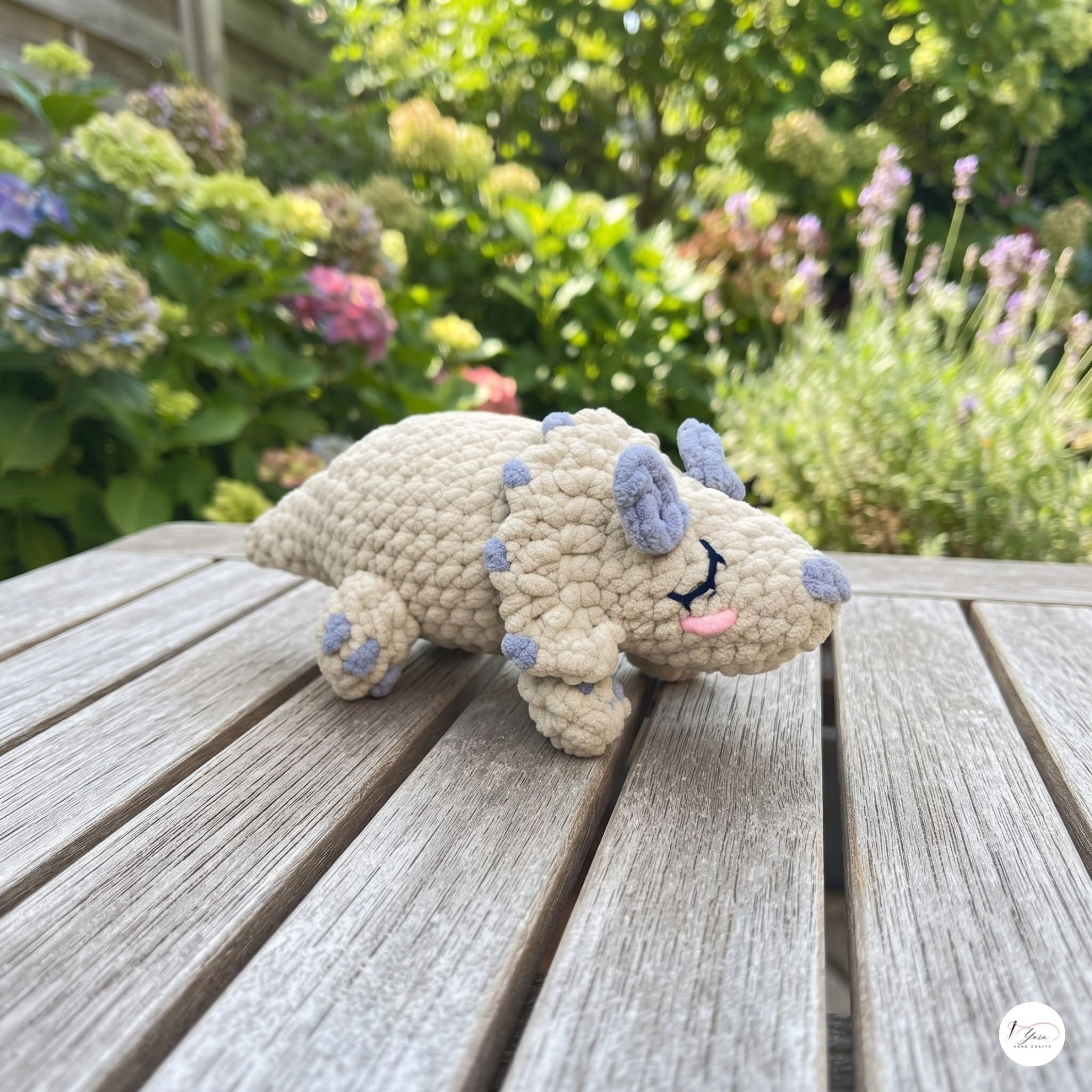 Crochet Triceratops Plush, Handmade Sleeping Dinosaur Amigurumi, Soft Chenille Dino Stuffed Animal, Nursery Decor, Dino Lover Gift