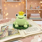 Handmade Crochet Frog Prince Plush, Green Amigurumi Frog with Crown, Soft Stuffed Animal, Frog Lover Gift, Fairytale Nursery Decor