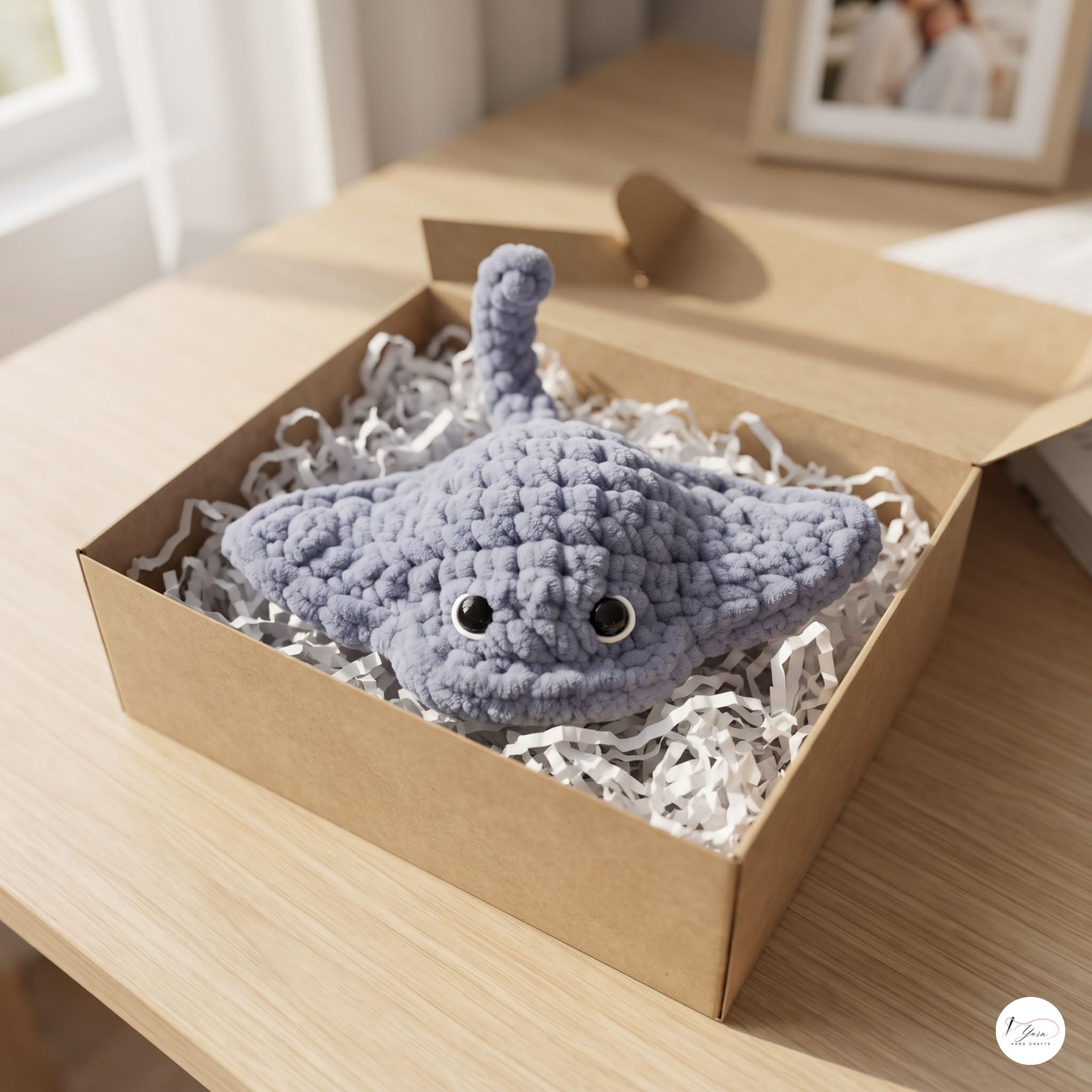 Crochet Stingray Plush, Handmade Gray Manta Ray Amigurumi, Soft Ocean Animal Stuffed Toy, Sea Life Gift, Nursery Decor