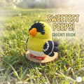 A crocheted goldfinch toy labeled 'SWEETEST PEEPS! CROCHET GOLDIE' sits on a small wooden slice in a grassy outdoor setting with warm sunlight and bokeh.