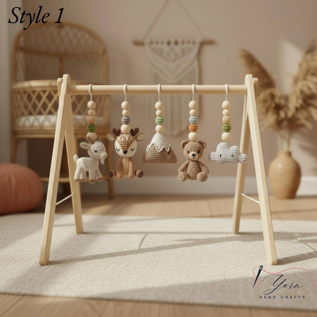 Handmade Custom Baby Gym, Wooden Montessori Play Gym with Crochet Forest Animals, Neutral Nursery Decor, Baby Shower Gift