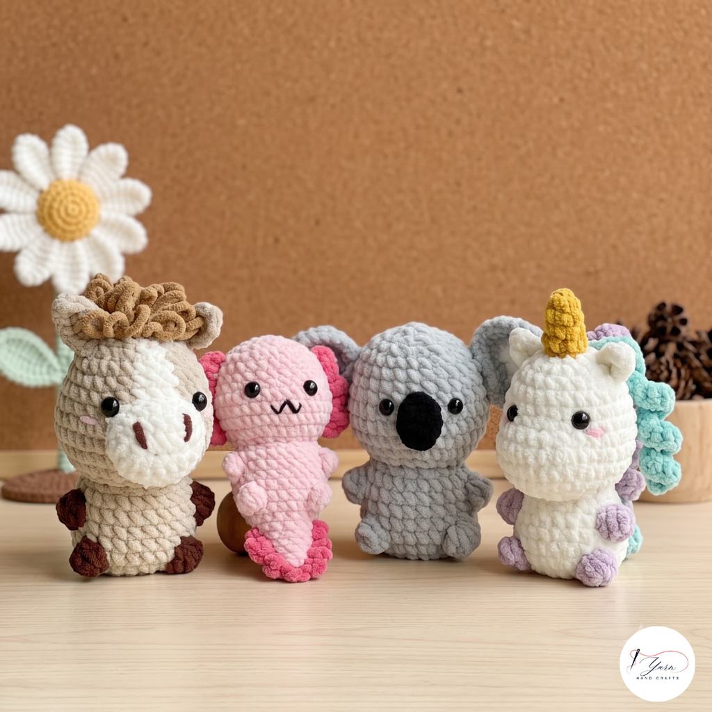 Cute Animal Crochet Pattern Bundle PDF, Koala Horse Unicorn and Axolotl