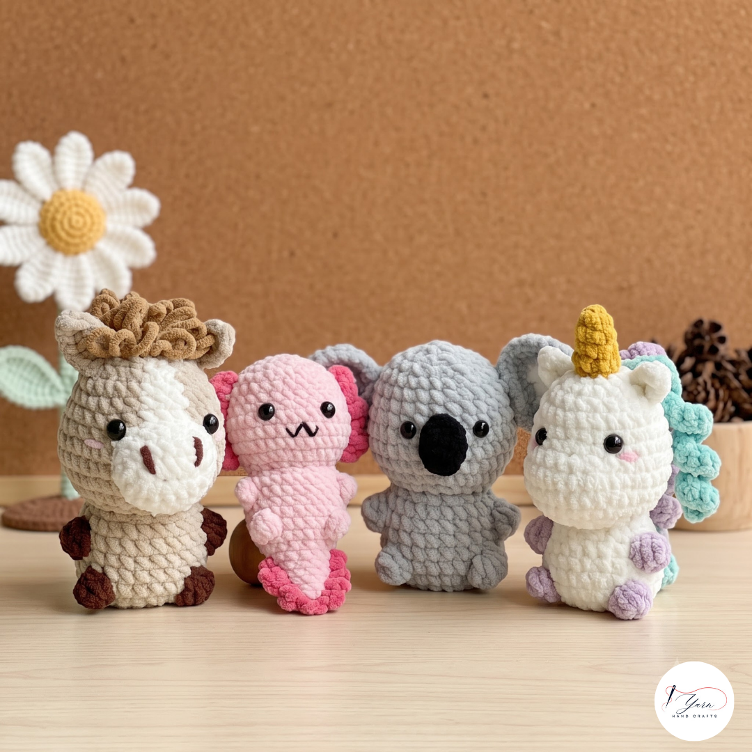 Cute Animal Crochet Pattern Bundle PDF, Koala Horse Unicorn and Axolotl