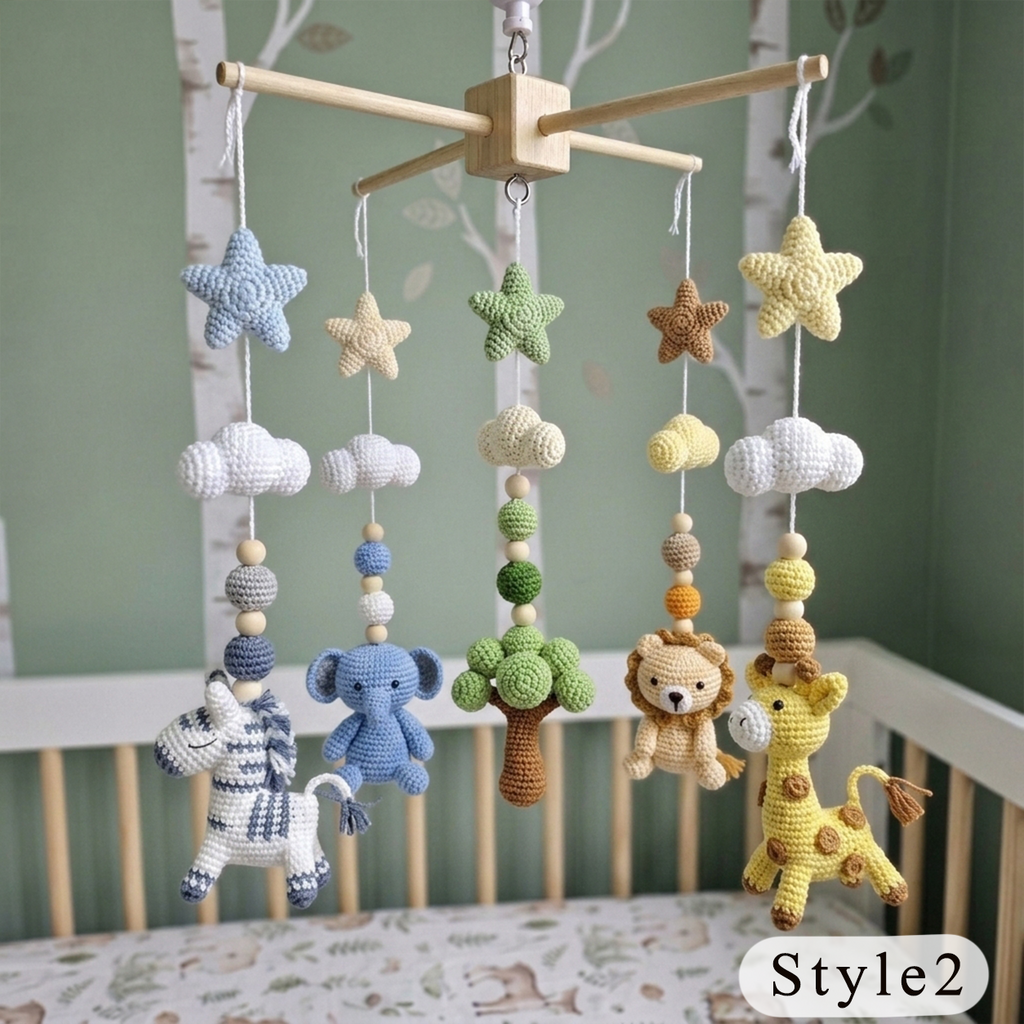 Savanna Friends Crochet Nursery Mobile, Handmade Amigurumi Crib Hanging with Tree, Clouds and Stars, Newborn Gift