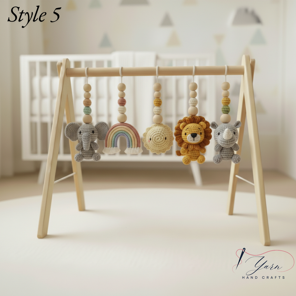 Custom Safari Baby Gym, Wooden Montessori Play Gym with Crochet Lion Elephant Giraffe Toys, Boho Nursery Decor, Baby Shower Gift