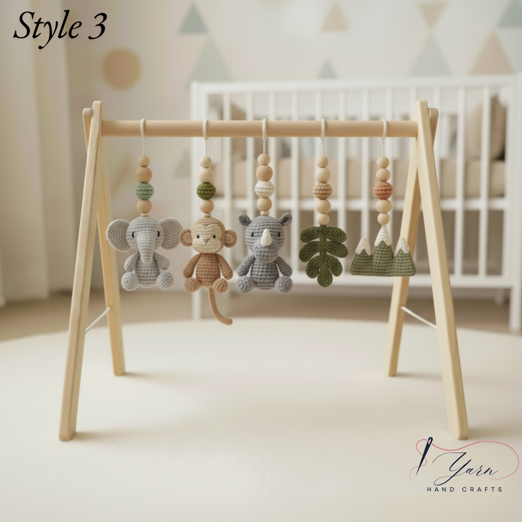 Custom Safari Baby Gym, Wooden Montessori Play Gym with Crochet Lion Elephant Giraffe Toys, Boho Nursery Decor, Baby Shower Gift