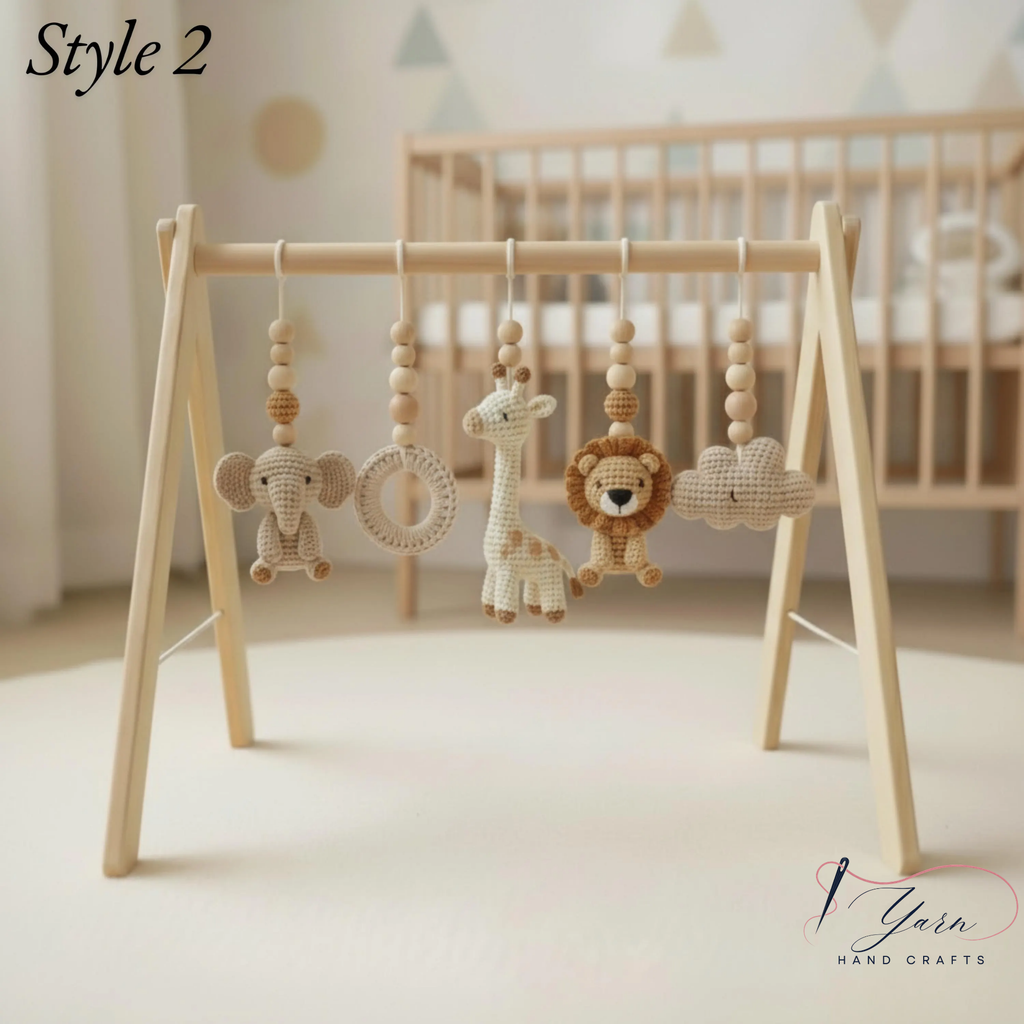 Custom Safari Baby Gym, Wooden Montessori Play Gym with Crochet Lion Elephant Giraffe Toys, Boho Nursery Decor, Baby Shower Gift