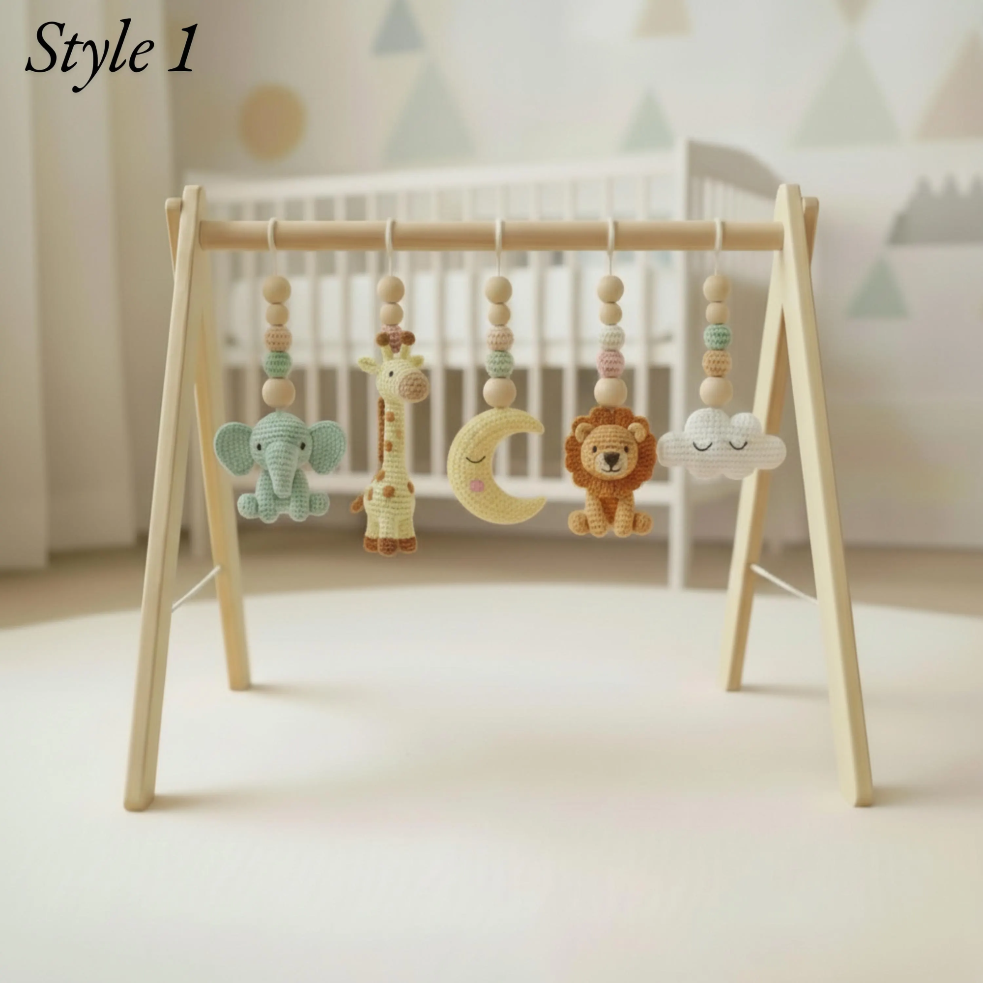 Custom Safari Baby Gym, Wooden Montessori Play Gym with Crochet Lion Elephant Giraffe Toys, Boho Nursery Decor, Baby Shower Gift