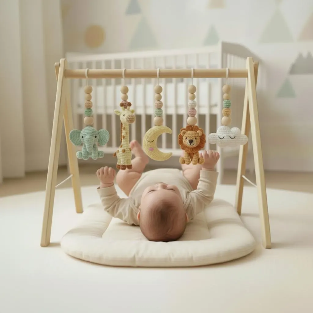 Custom Safari Baby Gym, Wooden Montessori Play Gym with Crochet Lion Elephant Giraffe Toys, Boho Nursery Decor, Baby Shower Gift