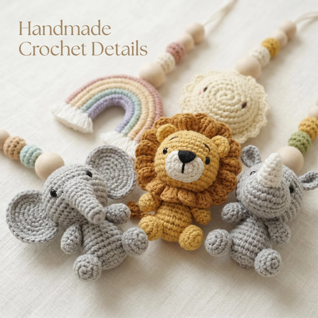 Custom Safari Baby Gym, Wooden Montessori Play Gym with Crochet Lion Elephant Giraffe Toys, Boho Nursery Decor, Baby Shower Gift