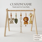Custom Safari Baby Gym, Wooden Montessori Play Gym with Crochet Lion Elephant Giraffe Toys, Boho Nursery Decor, Baby Shower Gift