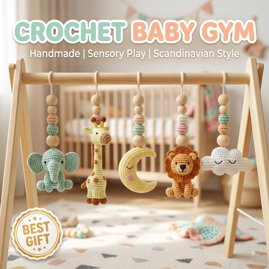 Custom Safari Baby Gym, Wooden Montessori Play Gym with Crochet Lion Elephant Giraffe Toys, Boho Nursery Decor, Baby Shower Gift