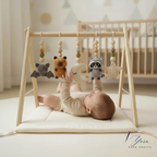 Neutral Woodland Baby Gym | Minimalist Wooden Play Gym with Crochet Animal Toys | Montessori Activity Frame | Scandinavian Nursery Decor Gift
