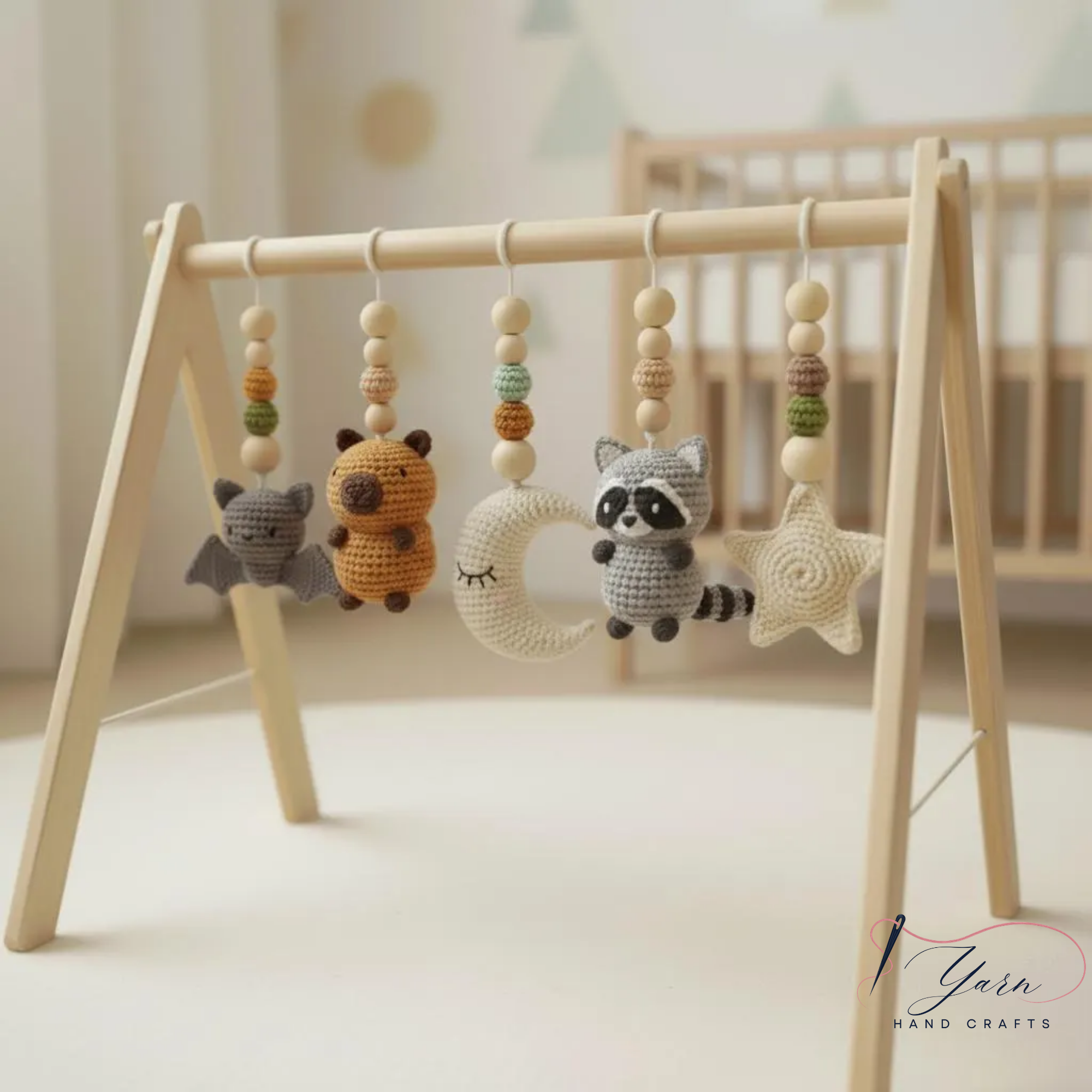 Neutral Woodland Baby Gym | Minimalist Wooden Play Gym with Crochet Animal Toys | Montessori Activity Frame | Scandinavian Nursery Decor Gift