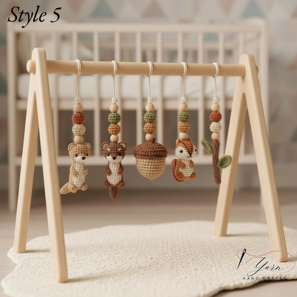 Neutral Woodland Baby Gym | Minimalist Wooden Play Gym with Crochet Animal Toys | Montessori Activity Frame | Scandinavian Nursery Decor Gift