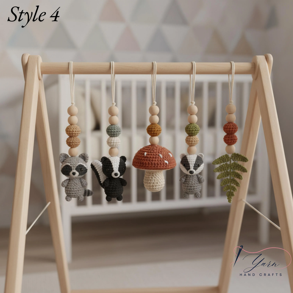 Neutral Woodland Baby Gym | Minimalist Wooden Play Gym with Crochet Animal Toys | Montessori Activity Frame | Scandinavian Nursery Decor Gift