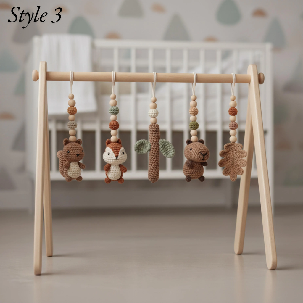 Neutral Woodland Baby Gym | Minimalist Wooden Play Gym with Crochet Animal Toys | Montessori Activity Frame | Scandinavian Nursery Decor Gift