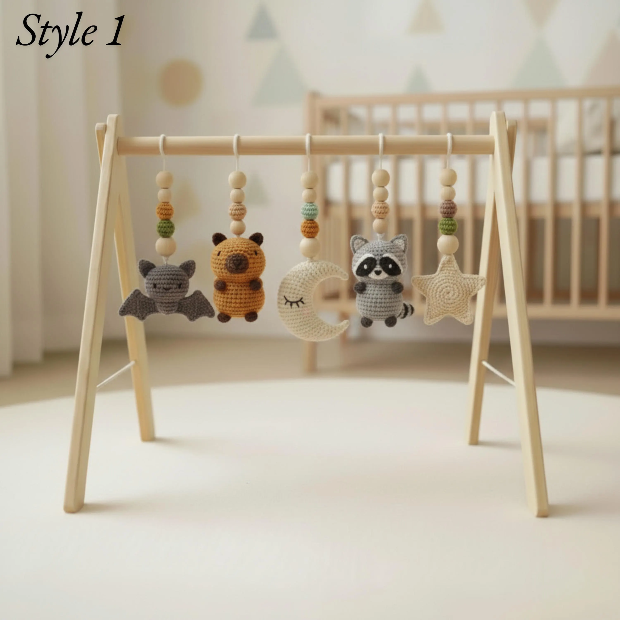 Neutral Woodland Baby Gym | Minimalist Wooden Play Gym with Crochet Animal Toys | Montessori Activity Frame | Scandinavian Nursery Decor Gift
