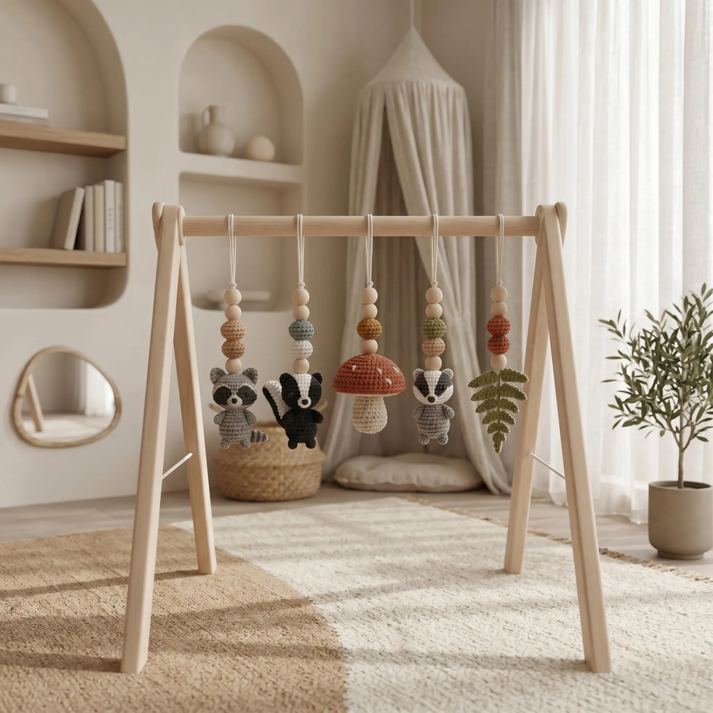 Neutral Woodland Baby Gym | Minimalist Wooden Play Gym with Crochet Animal Toys | Montessori Activity Frame | Scandinavian Nursery Decor Gift