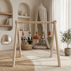 Neutral Woodland Baby Gym | Minimalist Wooden Play Gym with Crochet Animal Toys | Montessori Activity Frame | Scandinavian Nursery Decor Gift