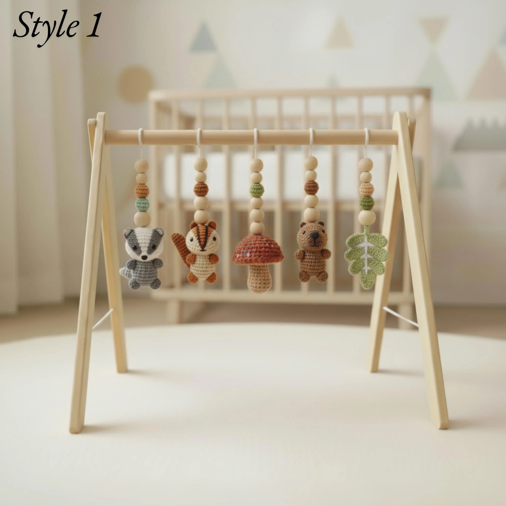 Enchanted Forest Baby Gym | Wooden Play Gym with Crochet Woodland Animals | Mushroom Squirrel Montessori Activity Gym | Cottagecore Nursery Decor Gift