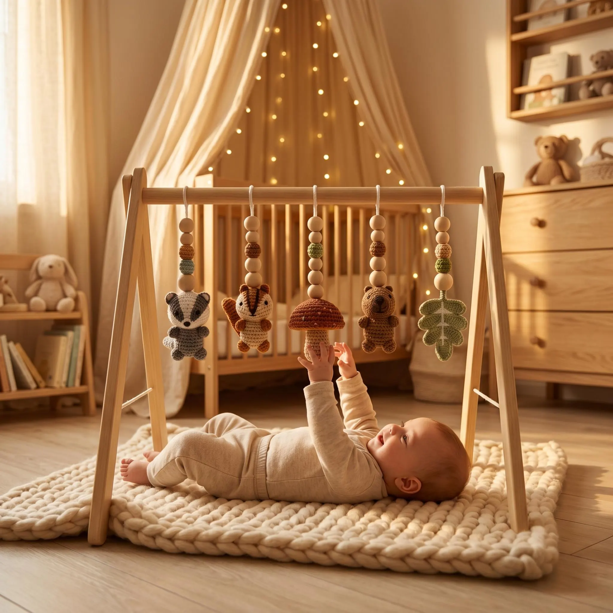 Enchanted Forest Baby Gym | Wooden Play Gym with Crochet Woodland Animals | Mushroom Squirrel Montessori Activity Gym | Cottagecore Nursery Decor Gift