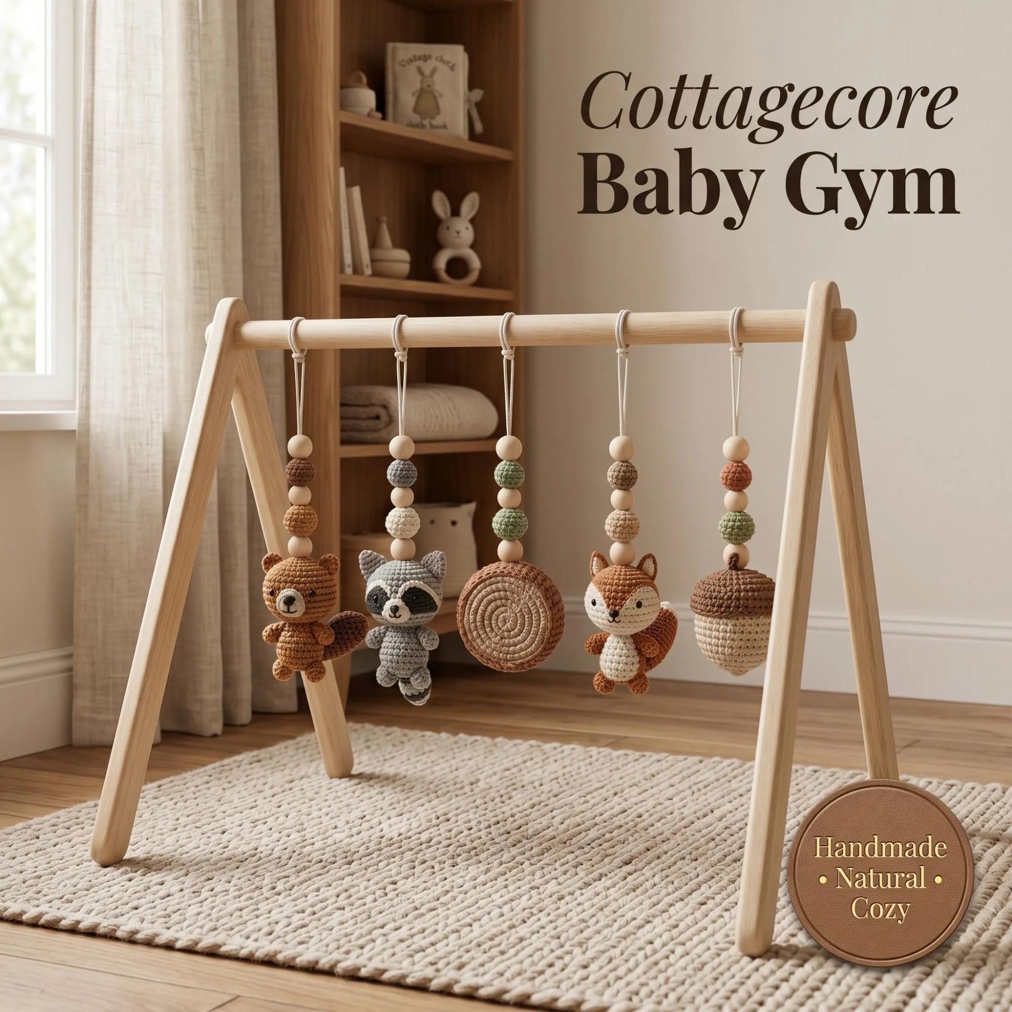 Enchanted Forest Baby Gym | Wooden Play Gym with Crochet Woodland Animals | Mushroom Squirrel Montessori Activity Gym | Cottagecore Nursery Decor Gift