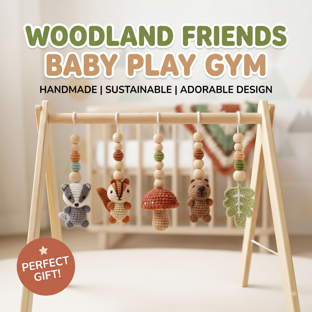 Woodland Friends Baby Play Gym set in a soft nursery setting, featuring a light wood A-frame play gym with hanging crocheted animal and nature toys including a raccoon, squirrel, mushroom, bear, and leaf. Large text at the top reads 'WOODLAND FRIENDS BABY PLAY GYM' with smaller text 'HANDMADE | SUSTAINABLE | ADORABLE DESIGN', and a pink circle at bottom left says 'PERFECT GIFT!'.