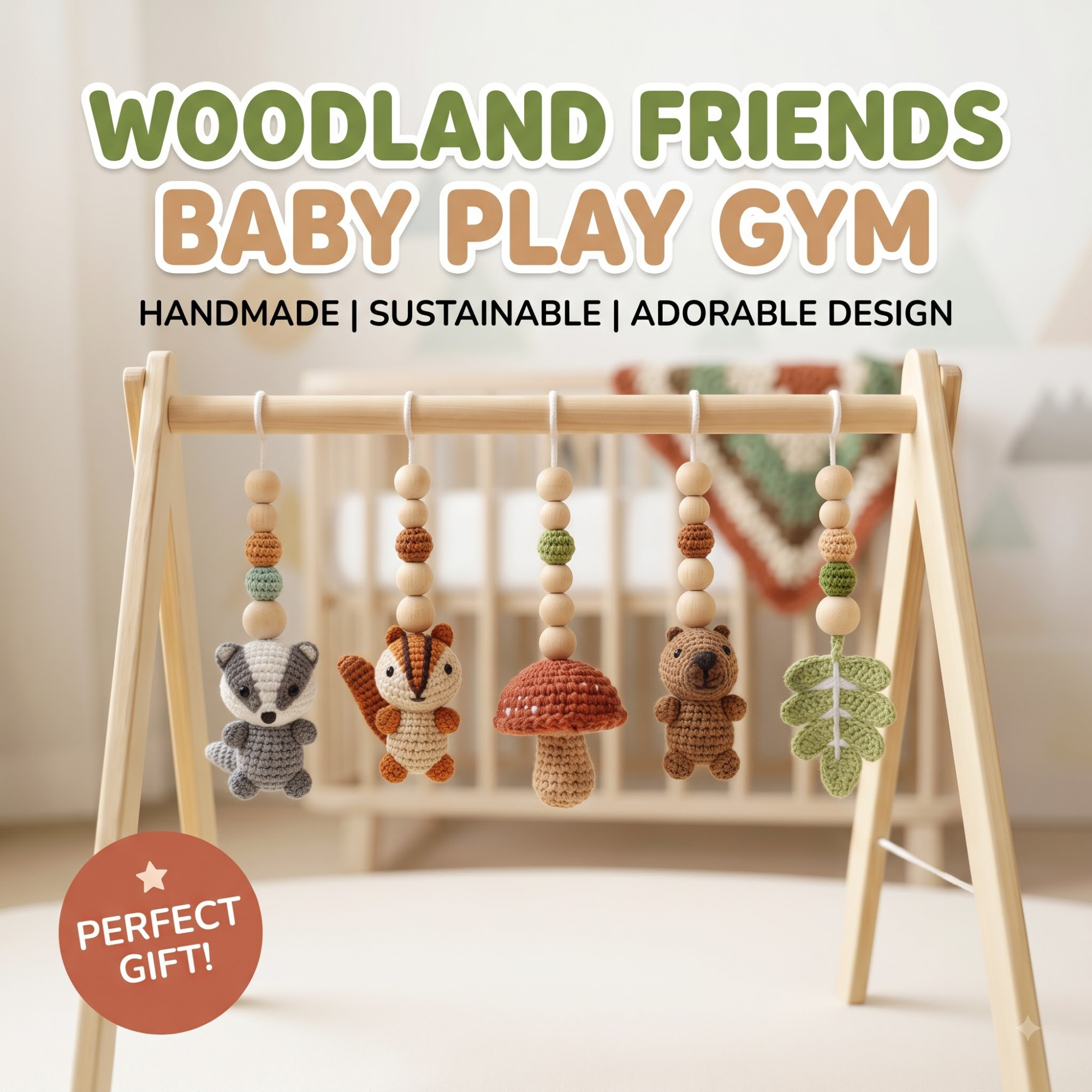 Enchanted Forest Baby Gym | Wooden Play Gym with Crochet Woodland Animals | Mushroom Squirrel Montessori Activity Gym | Cottagecore Nursery Decor Gift