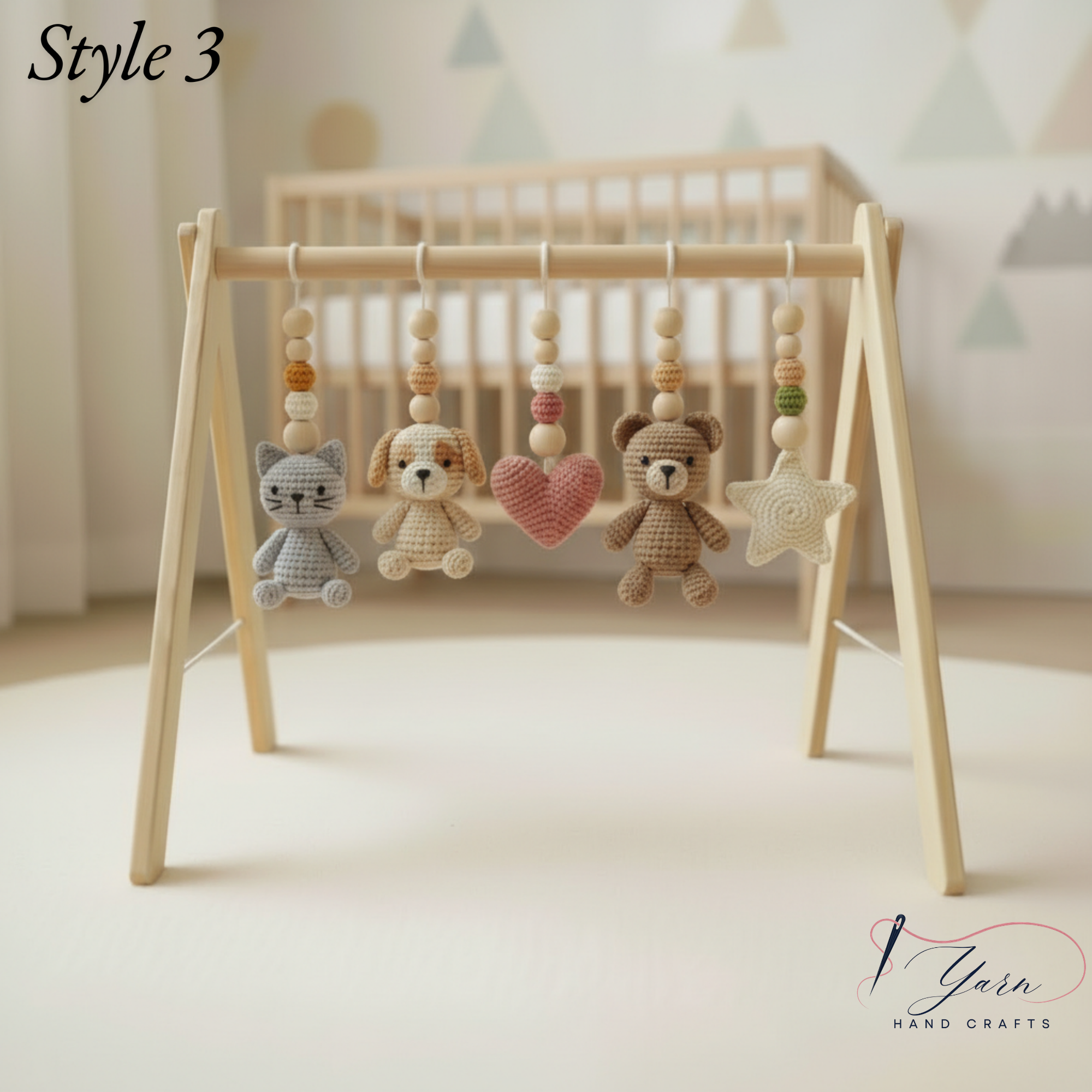 Cute Pet Baby Gym | Handmade Wooden Play Gym with Crochet Puppy, Kitten and Bunny Toys | Montessori Activity Gym | Neutral Nursery Baby Gift