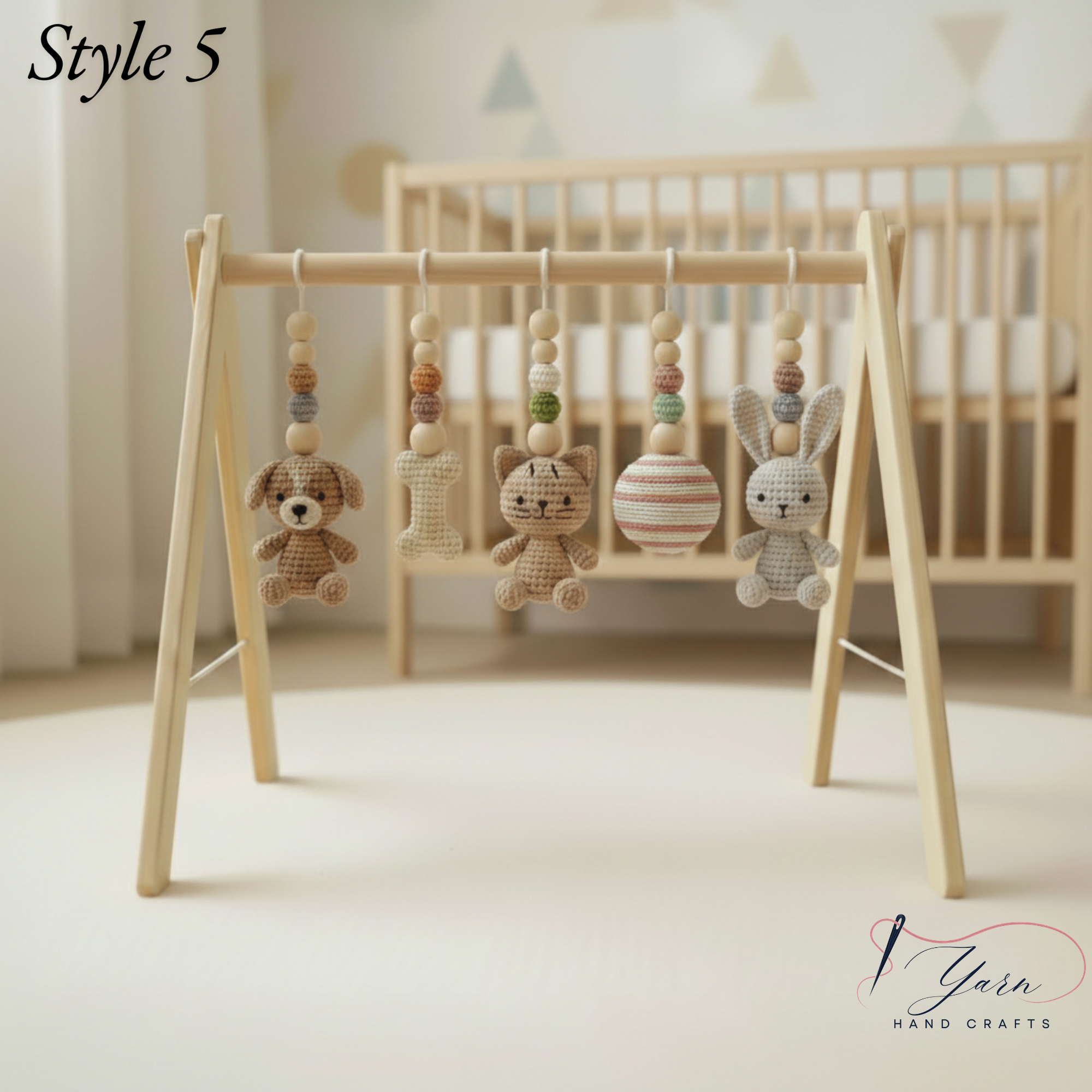 Cute Pet Baby Gym | Handmade Wooden Play Gym with Crochet Puppy, Kitten and Bunny Toys | Montessori Activity Gym | Neutral Nursery Baby Gift