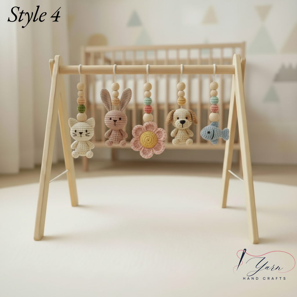 Cute Pet Baby Gym | Handmade Wooden Play Gym with Crochet Puppy, Kitten and Bunny Toys | Montessori Activity Gym | Neutral Nursery Baby Gift