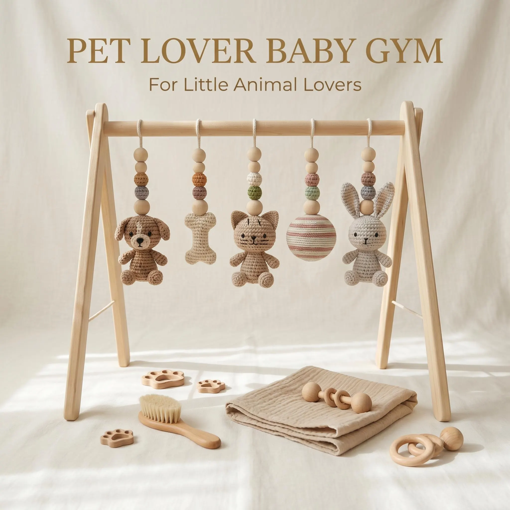Cute Pet Baby Gym | Handmade Wooden Play Gym with Crochet Puppy, Kitten and Bunny Toys | Montessori Activity Gym | Neutral Nursery Baby Gift