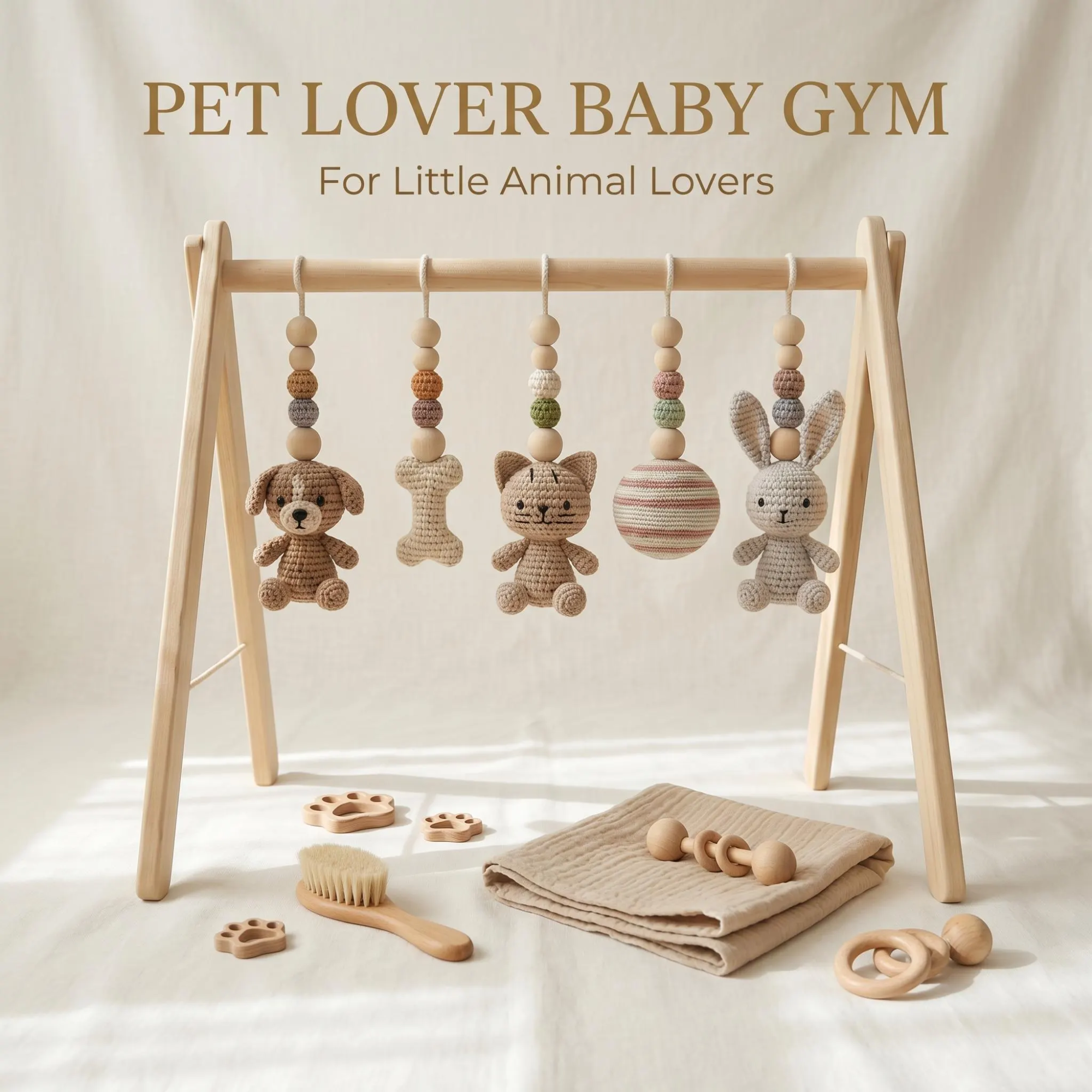 Cute Pet Baby Gym | Handmade Wooden Play Gym with Crochet Puppy, Kitten and Bunny Toys | Montessori Activity Gym | Neutral Nursery Baby Gift