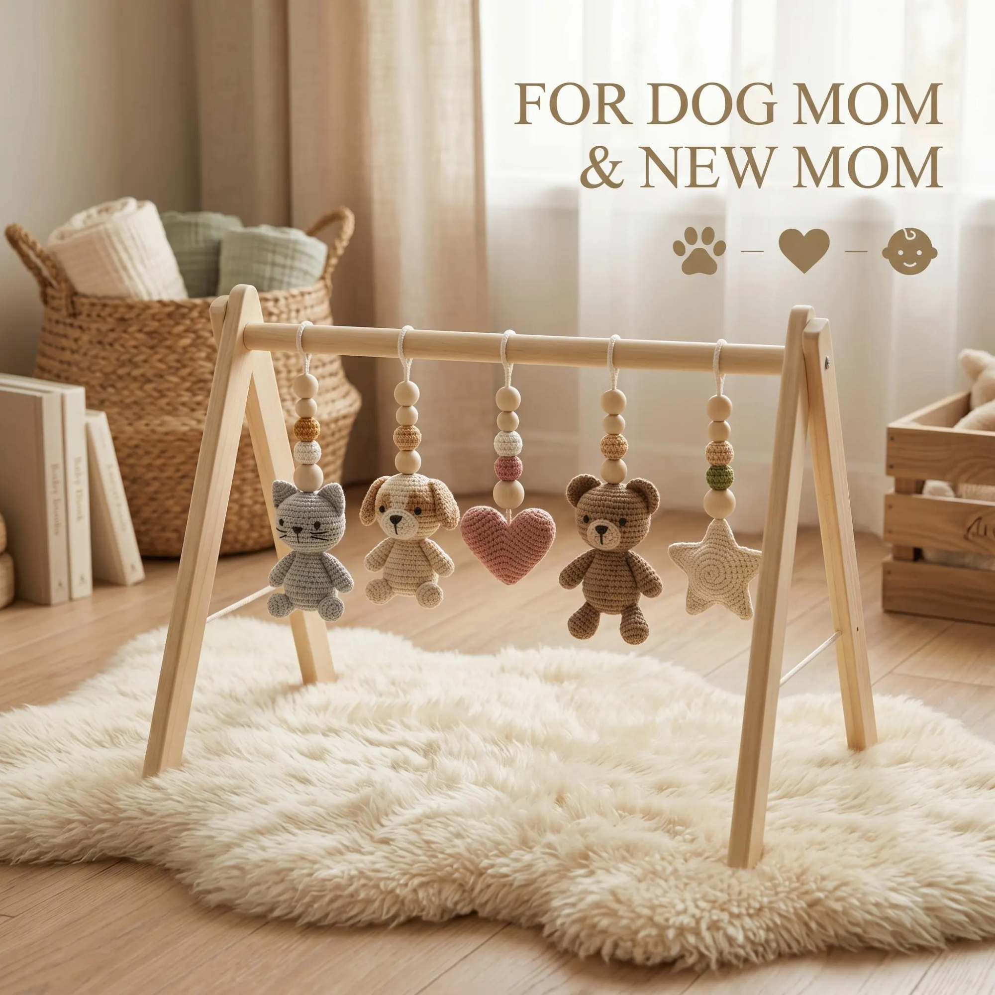 Cute Pet Baby Gym | Handmade Wooden Play Gym with Crochet Puppy, Kitten and Bunny Toys | Montessori Activity Gym | Neutral Nursery Baby Gift