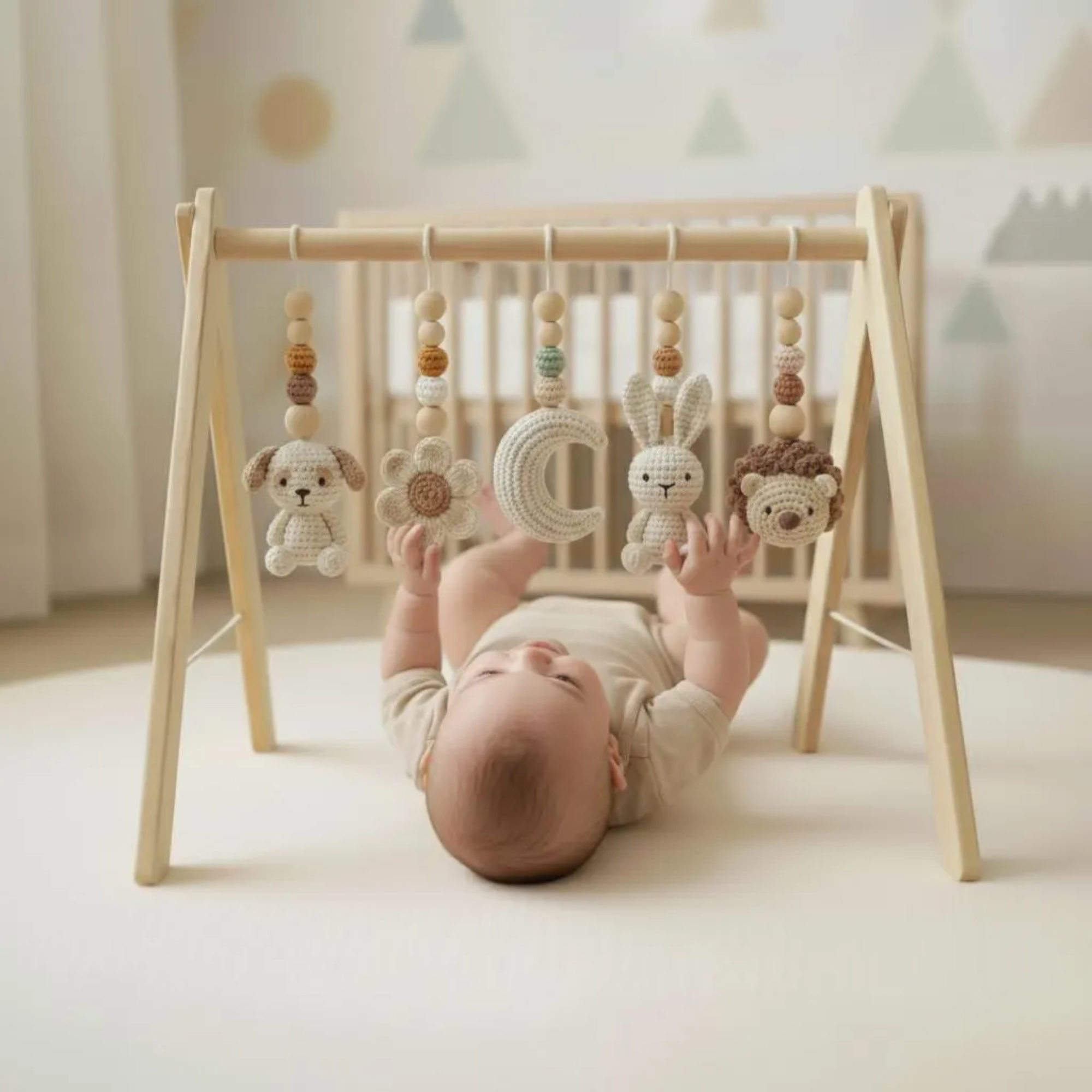 Cute Pet Baby Gym | Handmade Wooden Play Gym with Crochet Puppy, Kitten and Bunny Toys | Montessori Activity Gym | Neutral Nursery Baby Gift