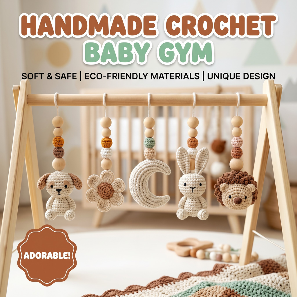 Cute Pet Baby Gym | Handmade Wooden Play Gym with Crochet Puppy, Kitten and Bunny Toys | Montessori Activity Gym | Neutral Nursery Baby Gift