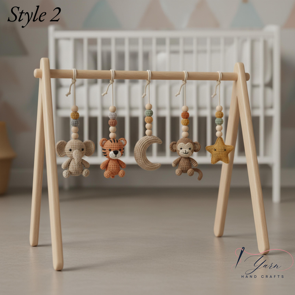 Safari Baby Gym | Handmade Wooden Play Gym with Crochet Elephant, Tiger, Monkey and Sloth Toys | Montessori Jungle Nursery Decor | Baby Shower Gift