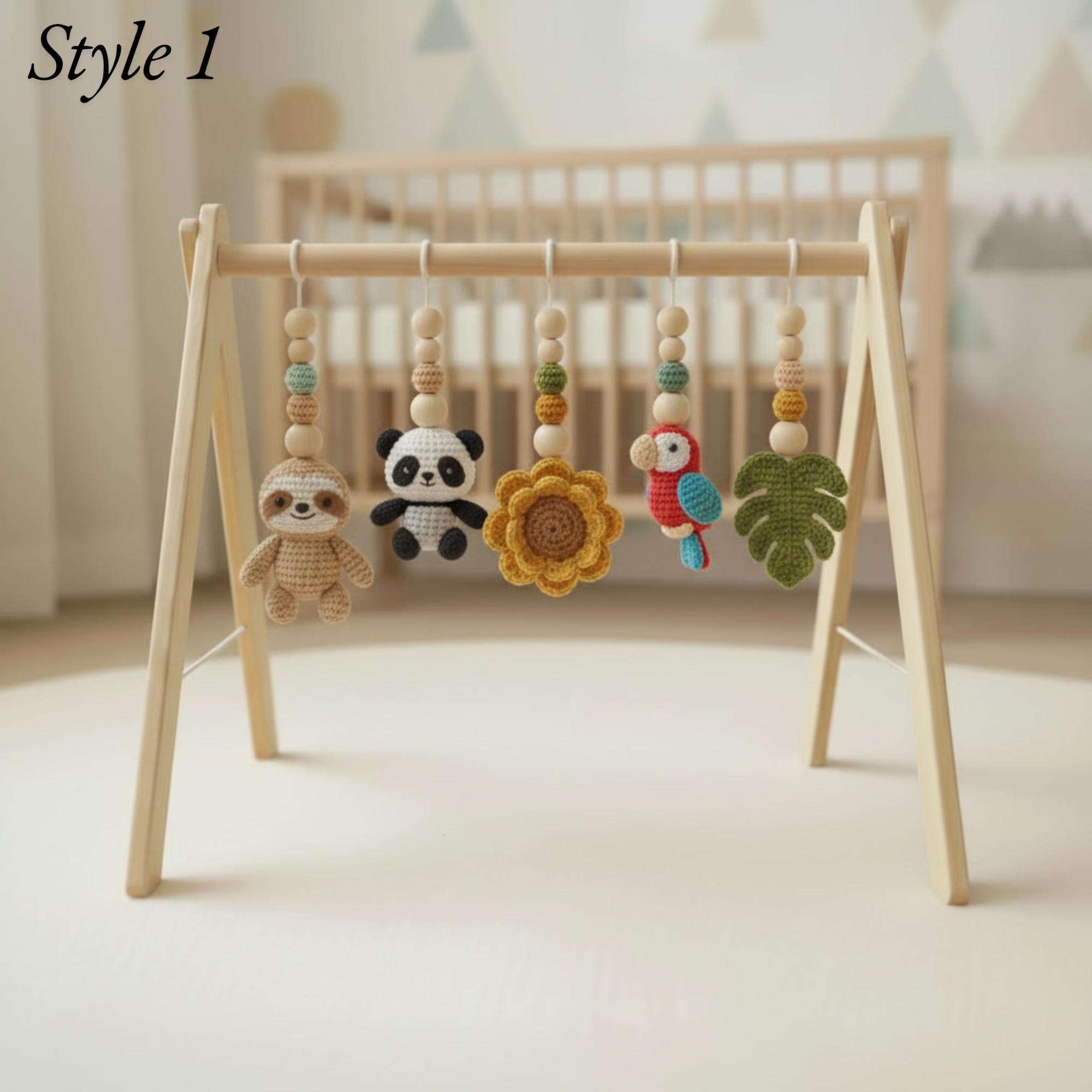 Safari Baby Gym | Handmade Wooden Play Gym with Crochet Elephant, Tiger, Monkey and Sloth Toys | Montessori Jungle Nursery Decor | Baby Shower Gift