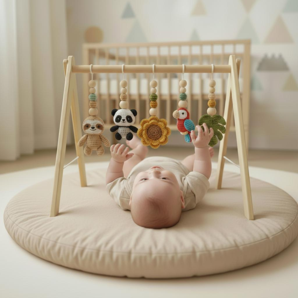 Safari Baby Gym | Handmade Wooden Play Gym with Crochet Elephant, Tiger, Monkey and Sloth Toys | Montessori Jungle Nursery Decor | Baby Shower Gift