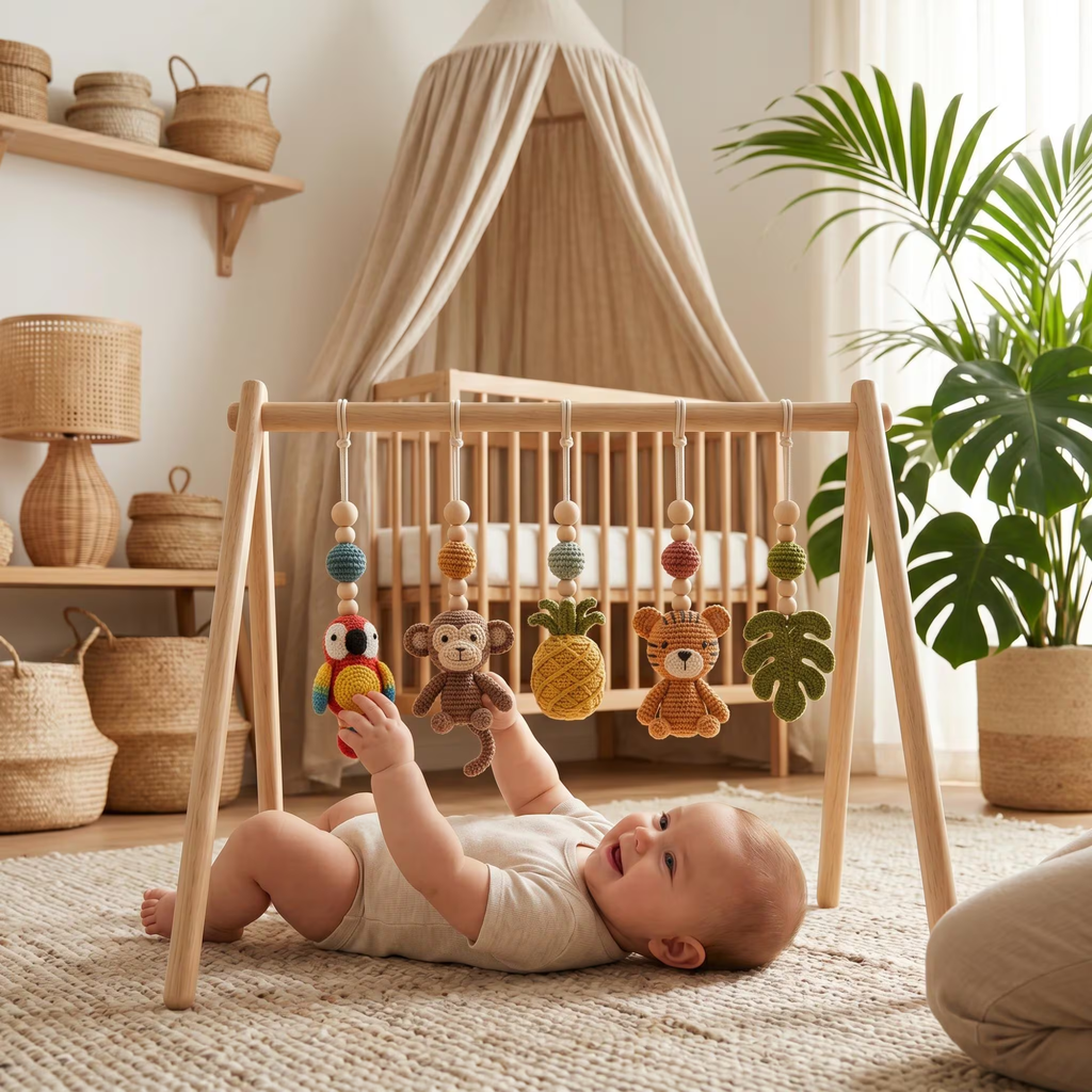 Safari Baby Gym | Handmade Wooden Play Gym with Crochet Elephant, Tiger, Monkey and Sloth Toys | Montessori Jungle Nursery Decor | Baby Shower Gift
