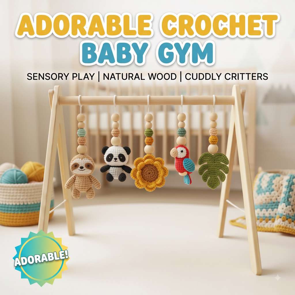 Safari Baby Gym | Handmade Wooden Play Gym with Crochet Elephant, Tiger, Monkey and Sloth Toys | Montessori Jungle Nursery Decor | Baby Shower Gift