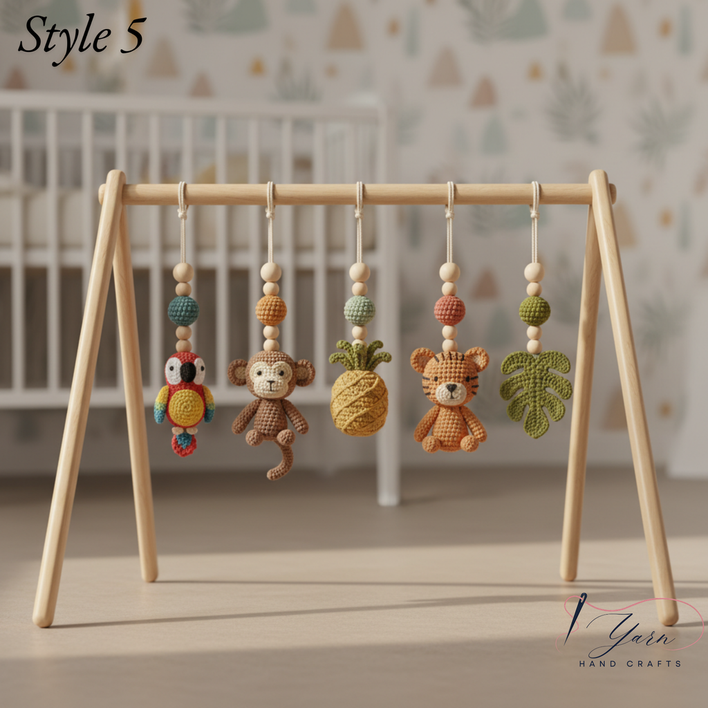 Safari Baby Gym | Handmade Wooden Play Gym with Crochet Elephant, Tiger, Monkey and Sloth Toys | Montessori Jungle Nursery Decor | Baby Shower Gift